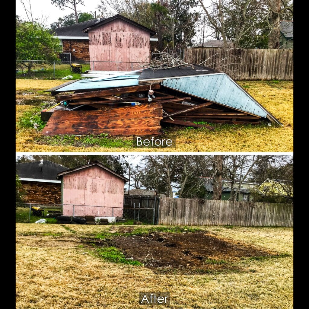 Before and After Photo of the Removal of a Collapsed Shed